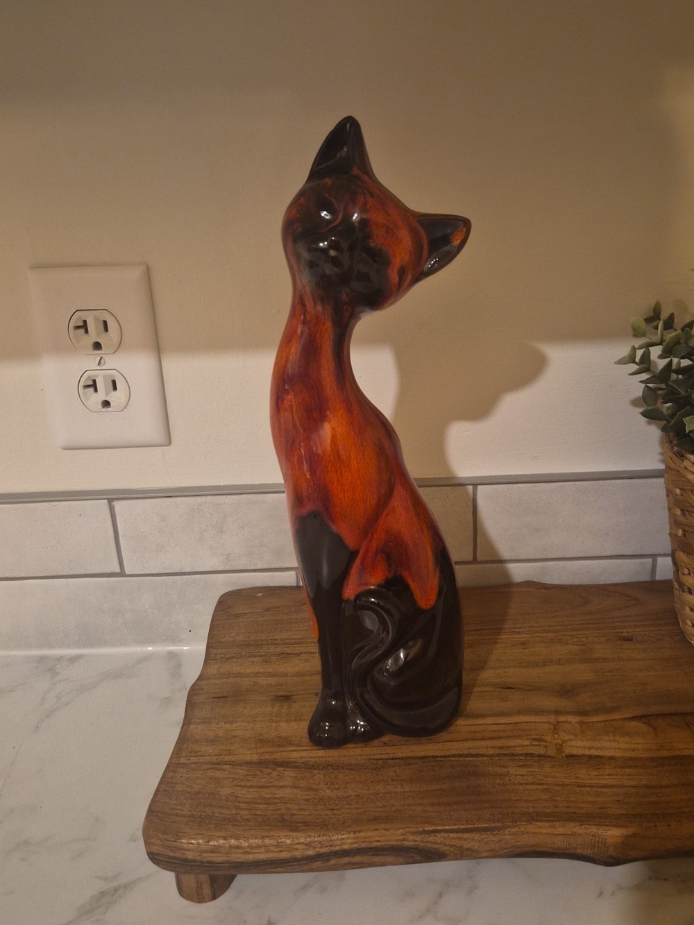 Decorative Ceramic Cat Figurine in Burnt Orange and Black - Home Art Accent